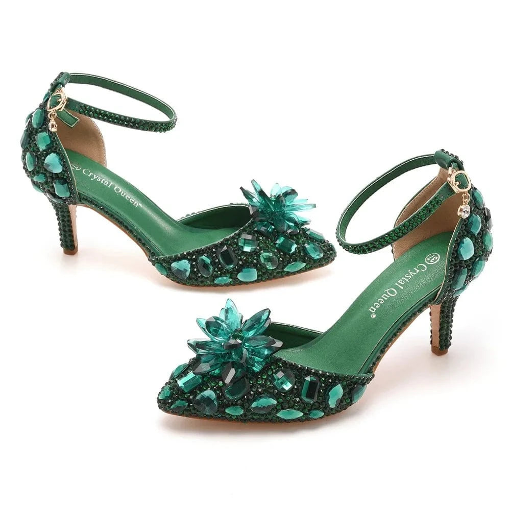 40 / Green Chaussures Femme Luxury Crystal Buckle Pointed-toe Roman Shoes Slingback Hollow Out High Heel Sandals For Ladies Banquet Sandals