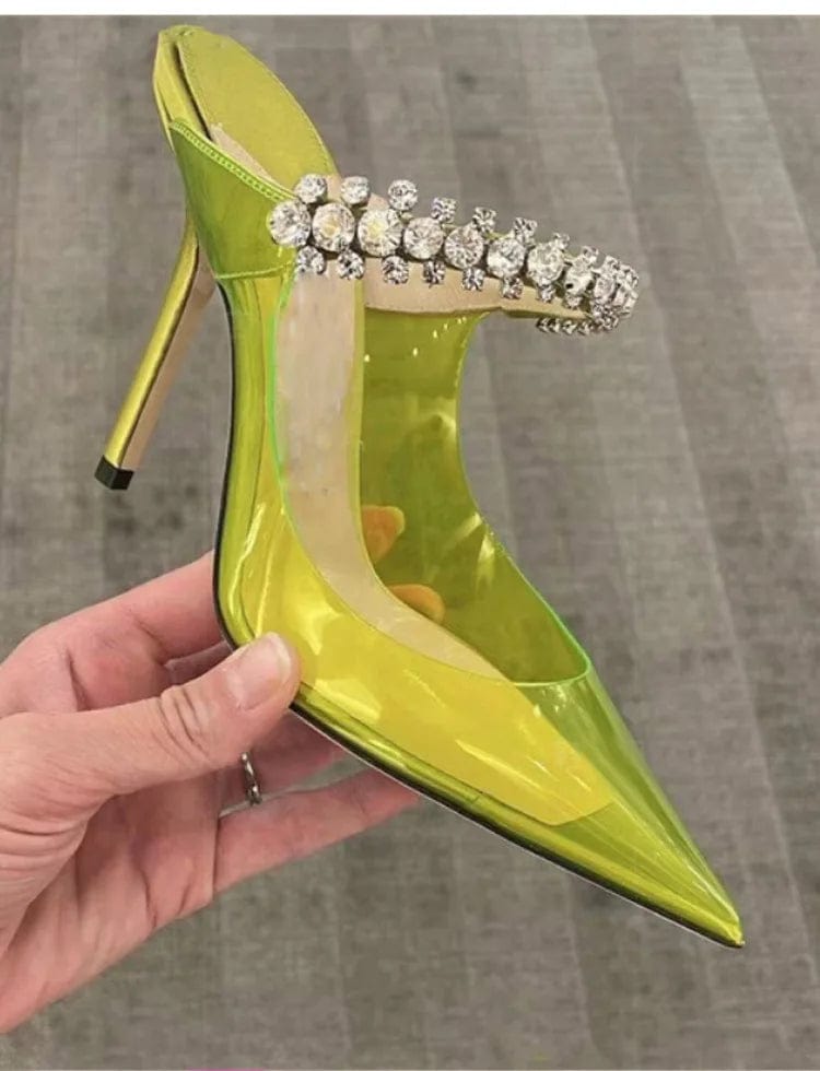 40 / Green OUDINA Fashion Stiletto Pointed Ladies Shoe Rhinestone Transparent Sandals High Heels Shoes For Women