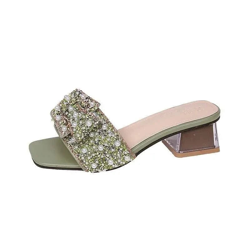 40,Insole length 250MM / Green rhinestones Slippers women rough high heels flip-flops lazy bow rhinosin cool drag women shoes large size 35-43