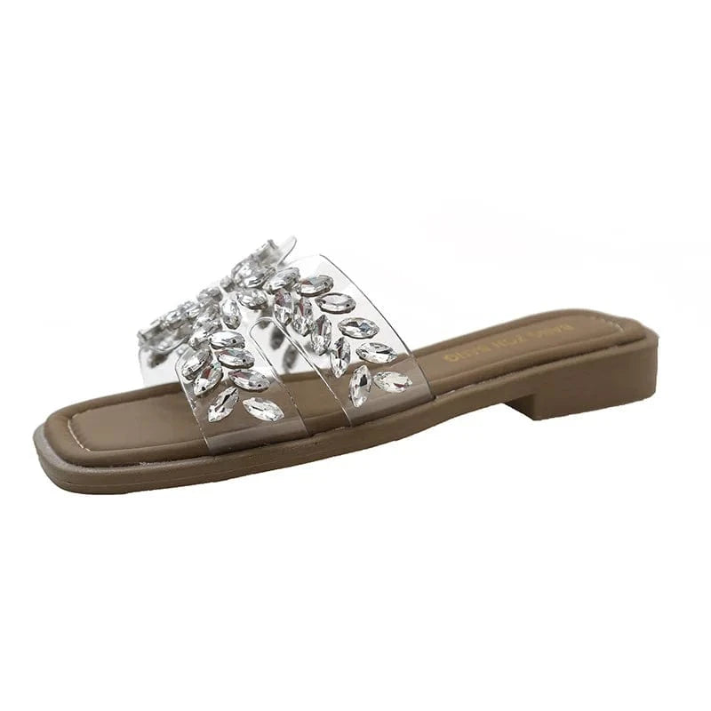 40 / Khaki Dropshipping Custom Logo Rhinestone PVC Transparent Flat Fashion Women`s Sandals and Slippers for Ladies