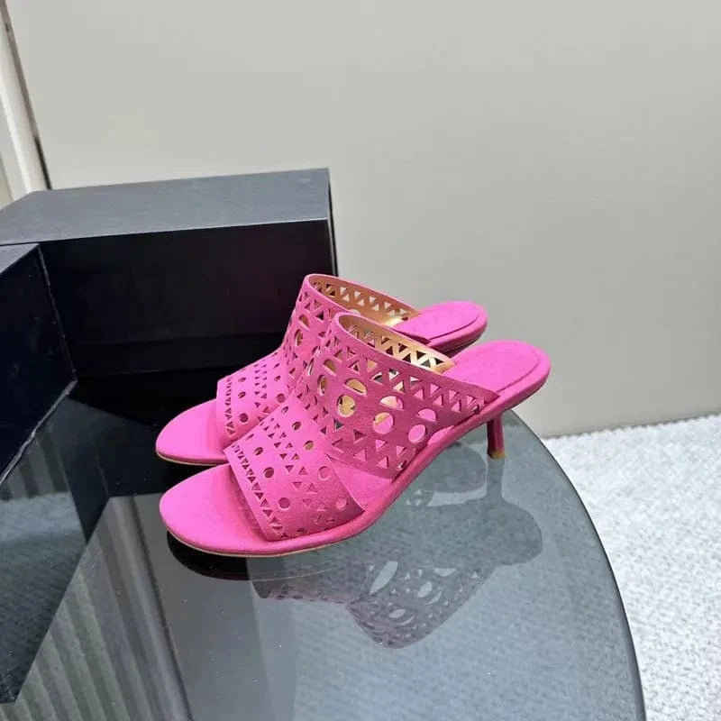 40 / Pink Hollow open toe slippers girls office shoes ladies fashion high heels genuine leather luxury women's sandals