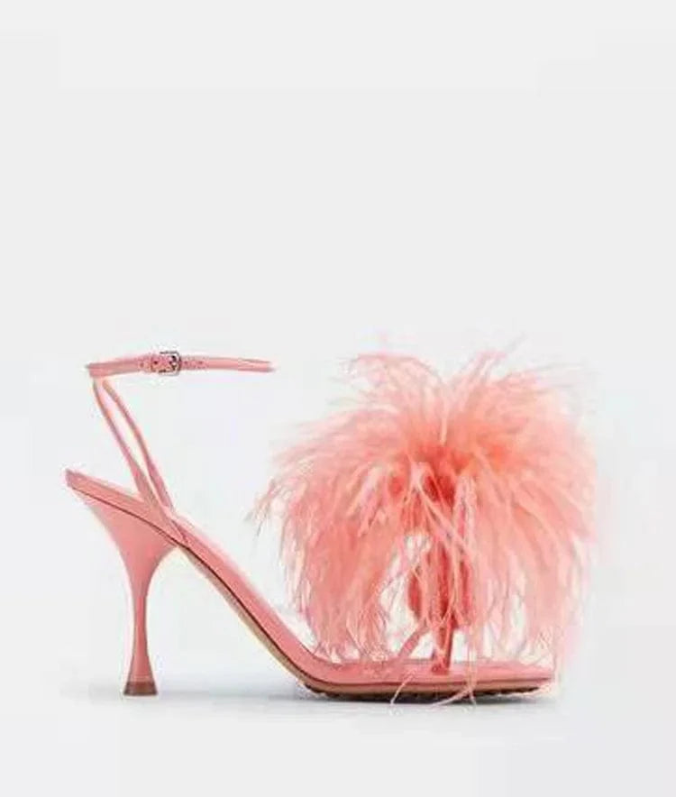 40 / Pink Women High Heels Custom Feather Sandals Special Designer Sexy Sandals Custom Party High Heels Summer Sandals 10%