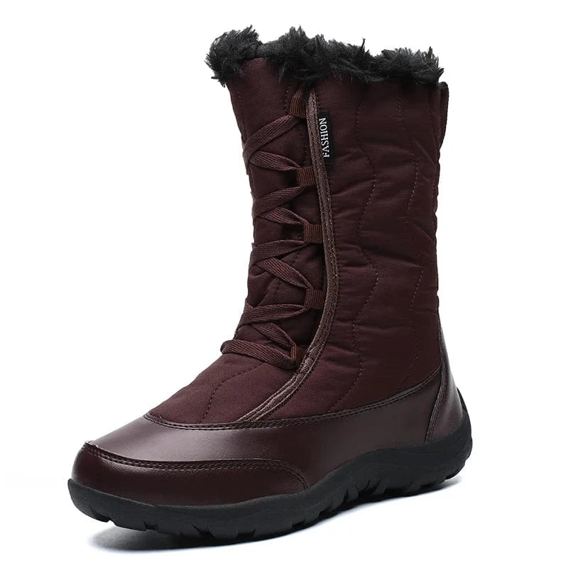 40 / Red Women's Warm Waterproof Cold-Resistant Furry Collar Outdoor Mid Calf Easy Wear Lace-up Winter Snow Boots