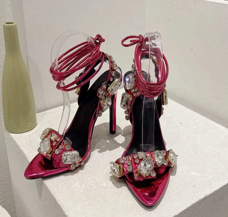 40 / Rose 11CM7166-8 Liu Ming Fashionable New Arrivals Women Sexy Bling Crystal Party Sandals Luxury Rhinestone Strap Cross Shoes High Heel