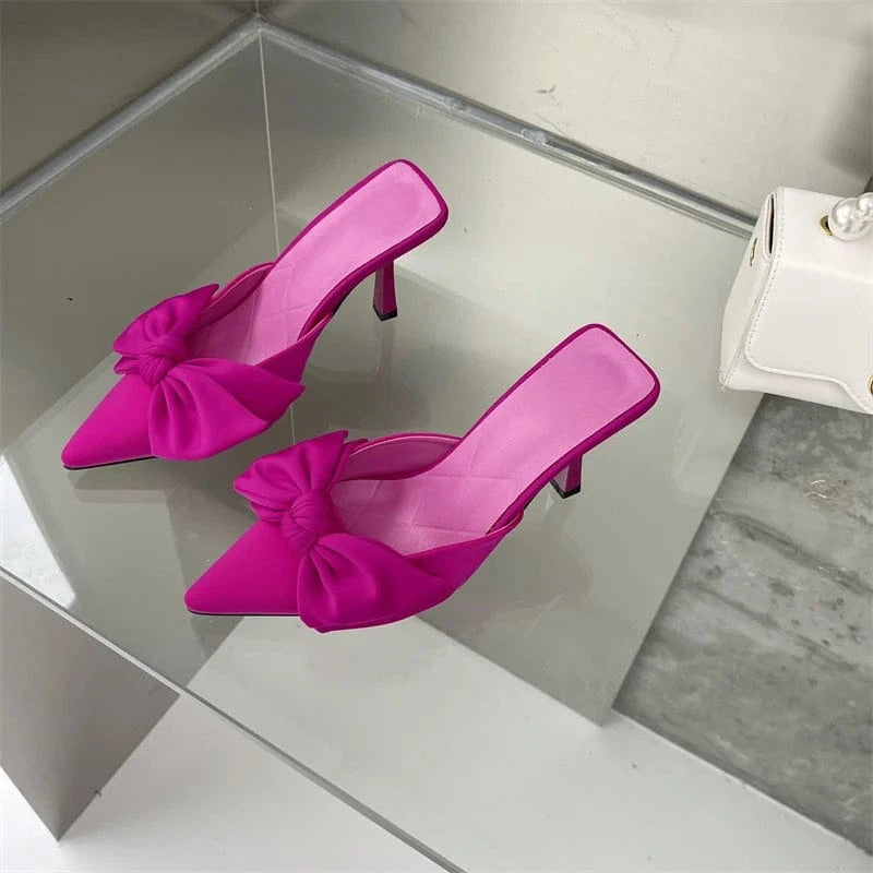 40 / Rose red Hot sale women's sandals 2024 new fashion rhinestone bow stiletto high heel pointed female pumps