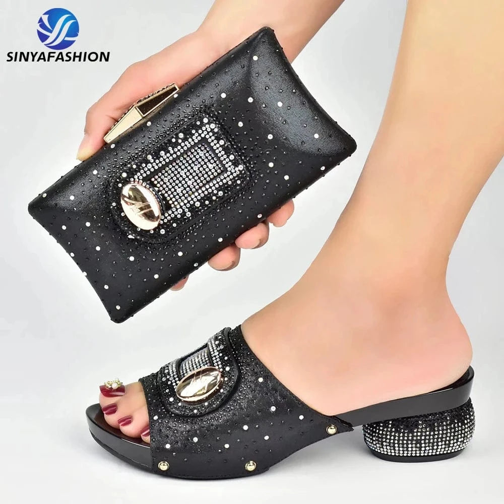 40 / SAB 4511-4 black Low Heels Sandals & Rhinestone Handbag Clutch