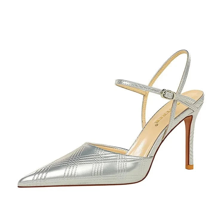 40 / silver Chaussures Femme Sexy Patent Leather Pointed-toe Shoes Ankle Strap Hollow Out High Heel Sandals Ladies Nightclub Party Sandalias