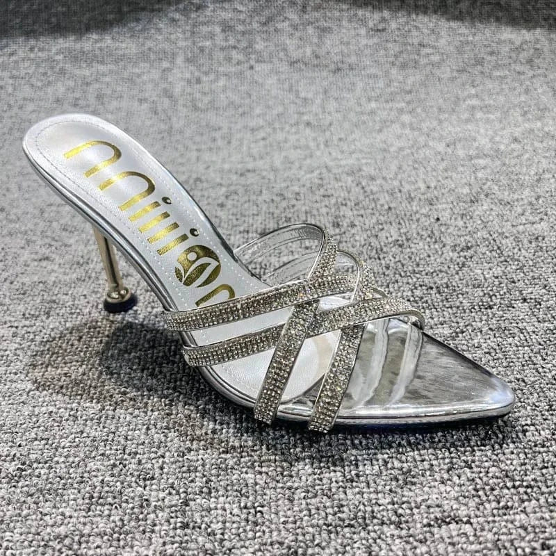 40 / silver Dropshipping Custom Logo Sexy Rhinestone Stiletto Heeled Sandals Women Shoes Pointed Toe High Heels Slippers for Ladies