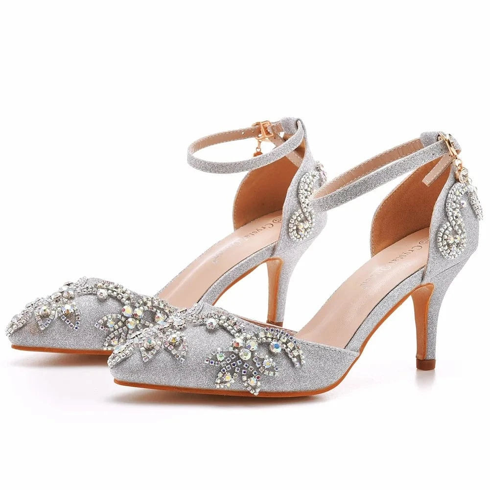 40 / silver Women Wedding Shoes Classic Rhinestone Decor PU Pointed-toe Shoes Hollow Out Ankle Strap High Heel Sandals Ladies Bridal Sandals