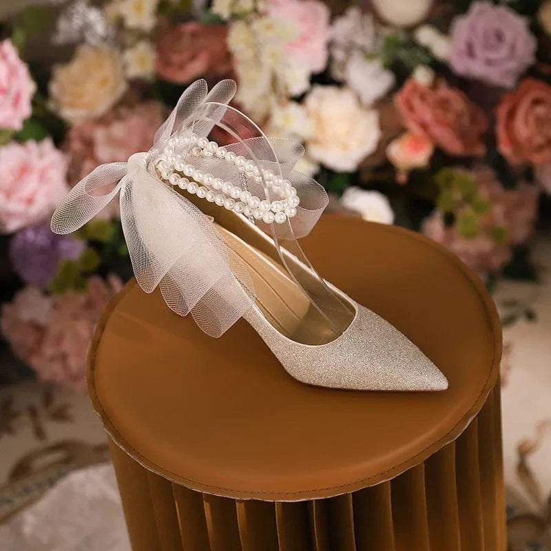 40 / White 8cm Women Wedding Shoes Luxury String Bead Lace Bowknot Decor Mujer Zapatos Pointed-toe Wrap-toe High Heel Pumps Ladies Bridal Shoes