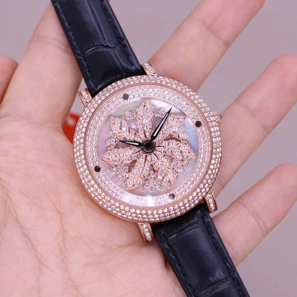 40mm 2 Luxury Davena Spin Snow Flower Women's Watch Japan Mov't Crystal Lady Hours Fine Fashion Real Leather Bracelet Girl's Gift Box