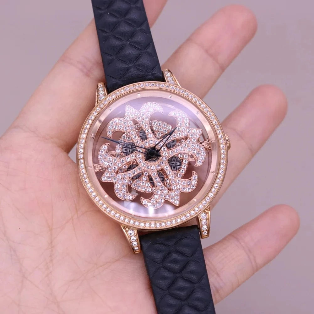 40mm Black Luxury Davena Spin Snow Flower Women's Watch Japan Mov't Crystal Lady Hours Fine Fashion Real Leather Bracelet Girl's Gift Box