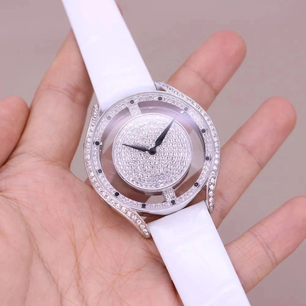 40mm Luxury Davena Spin Snow Flower Women's Watch Japan Mov't Crystal Lady Hours Fine Fashion Real Leather Bracelet Girl's Gift Box