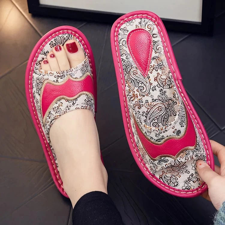 41/42,shoe long 28cm / 7 Summer anti-slippery indoor home embroidery genuine leather slippers for men sandals