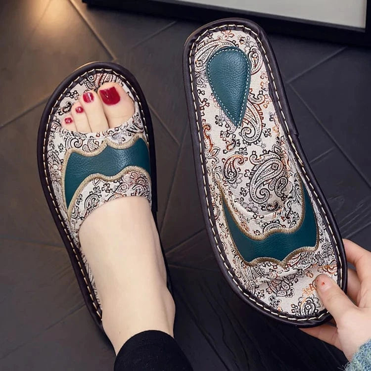 41/42,shoe long 28cm / 9 Summer anti-slippery indoor home embroidery genuine leather slippers for men sandals