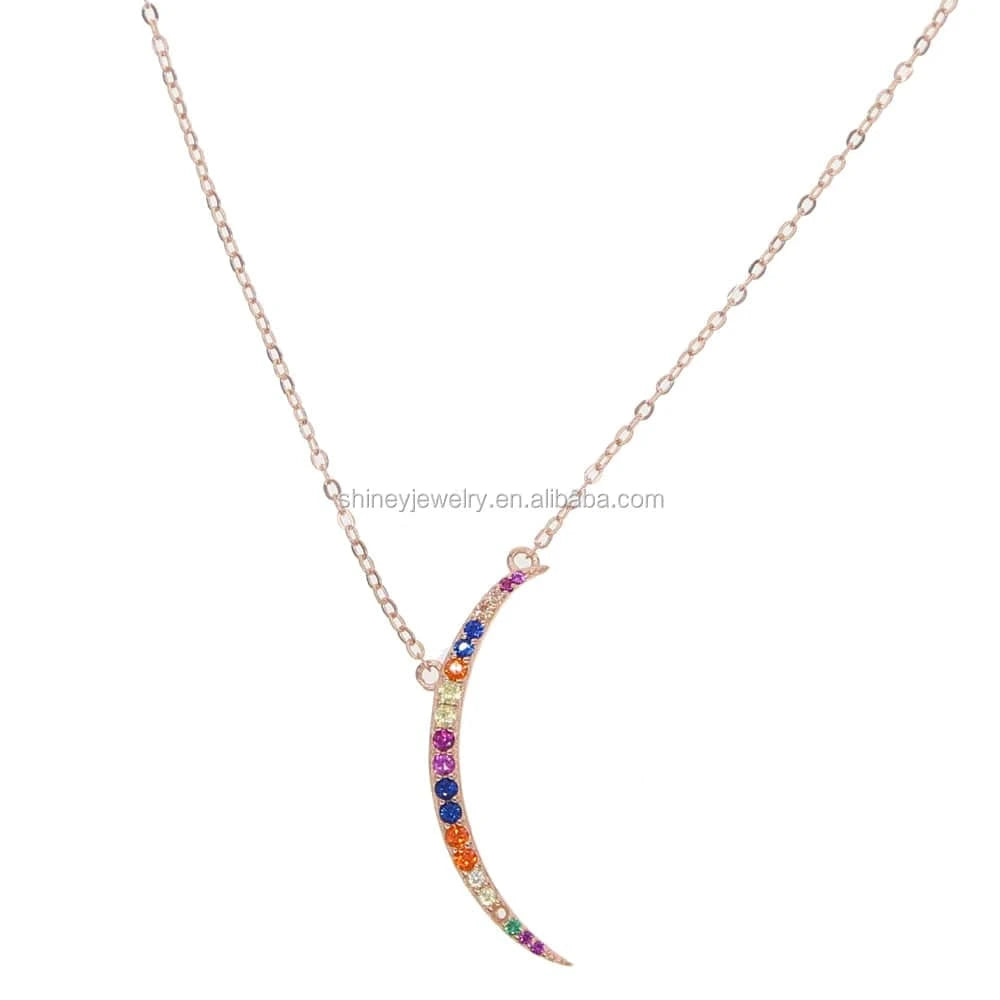 41+5CM / Y-Rose Gold rose gold plated 925 sterling silver skinny colorful cubic zirconia classic crescent moon necklace for women jewelry