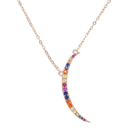 41+5CM / Y-Rose Gold rose gold plated 925 sterling silver skinny colorful cubic zirconia classic crescent moon necklace for women jewelry