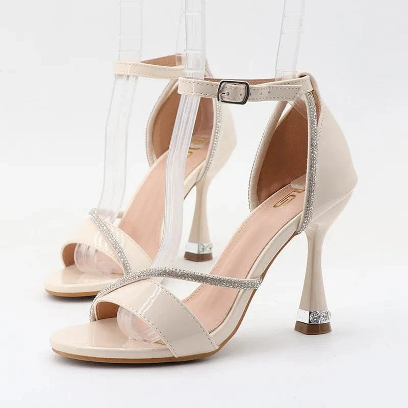 41 / Apricot Women Shoes 2023 Elegant Rhinestone Decor Round-toe Shoes Hollow Out Ankle Strap High Heel Sandals Ladies Dating Shopping Sandal