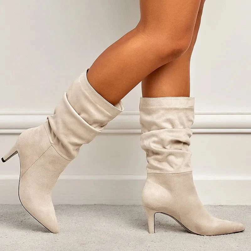 41 / Beige PDEP 2023 spring plus size catwalk wrinkled artificial suede stiletto heel boots shoes for women knee-high