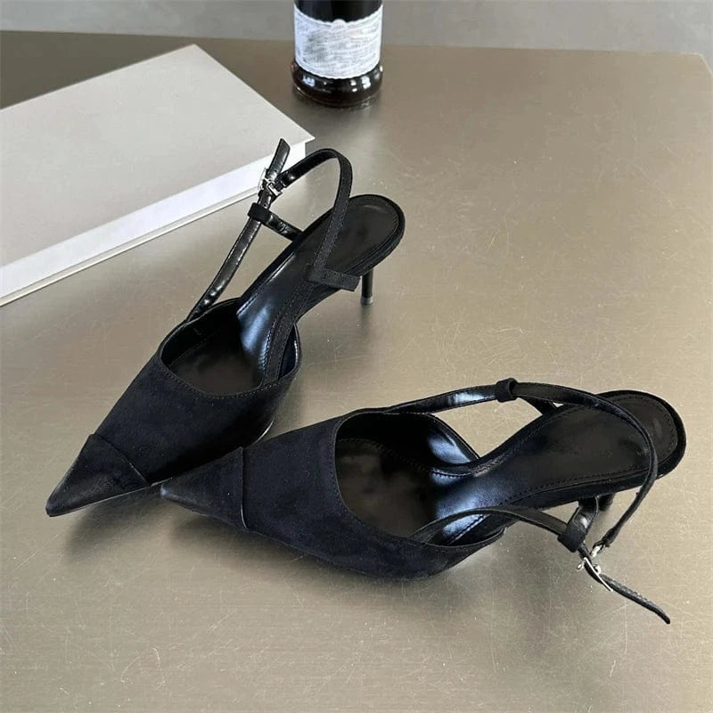 41 / Black Aneikeh Sewing Flock Buckle Strap Party Solid Slingback Pumps Women Shoes Pointed Toe Shallow Shoes NEW Spring/Autumn Fashion