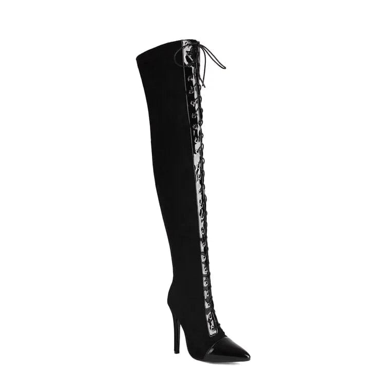 41 / Black patent Large Size 48 Lace up Stretchy Thigh High Boots Women's Stiletto Over-knee Long Booties Thin Heels Wide Leg Fit