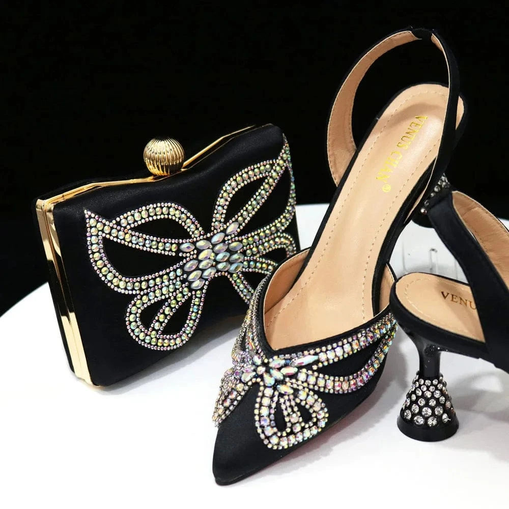 41 / Black Pointed women's rhinestone sandals paired with the same square box bag shoe bag combination set women's shoes and bag set