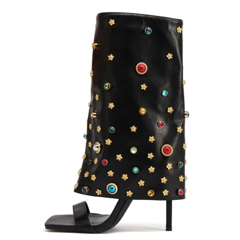 41 / Black Women's Colorful Diamonds Overlay Summer Short Boots Single Band Side Zipper Ankle Boots Thin High Heels Sandals Shoes