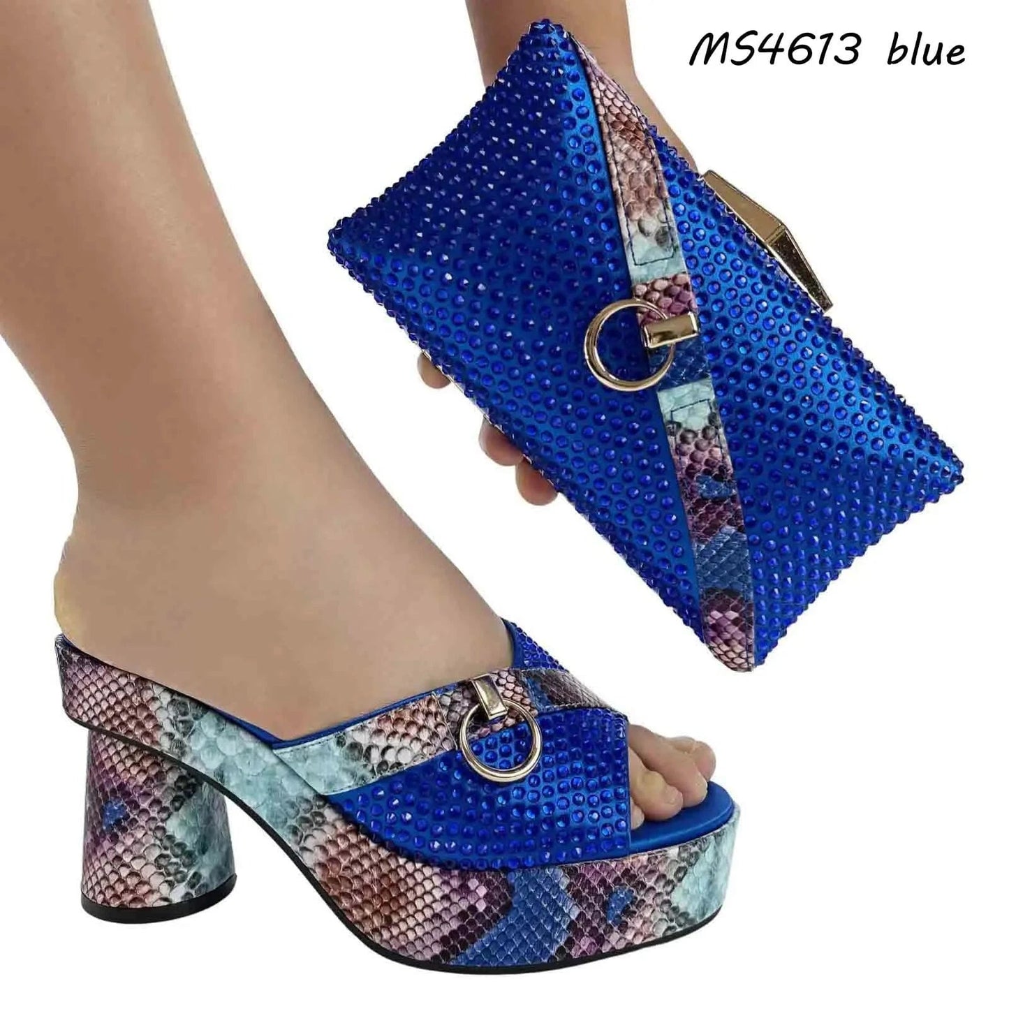 41 / Blue Italian Shoe Bag Set Chunky Low Heels and Matching Clutch African women pump Nigerian Women Party Shoe Bag Set