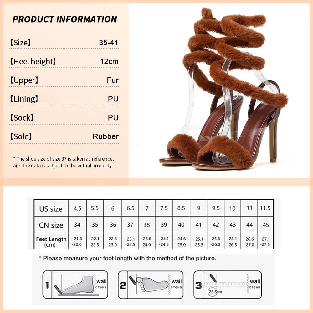 41 / Brown Brand Fashion New Pointed Toe Feather High Heels Sandals Plush Lace-Up Sexy Stiletto Nightclub Women Open Toe Shoes Design