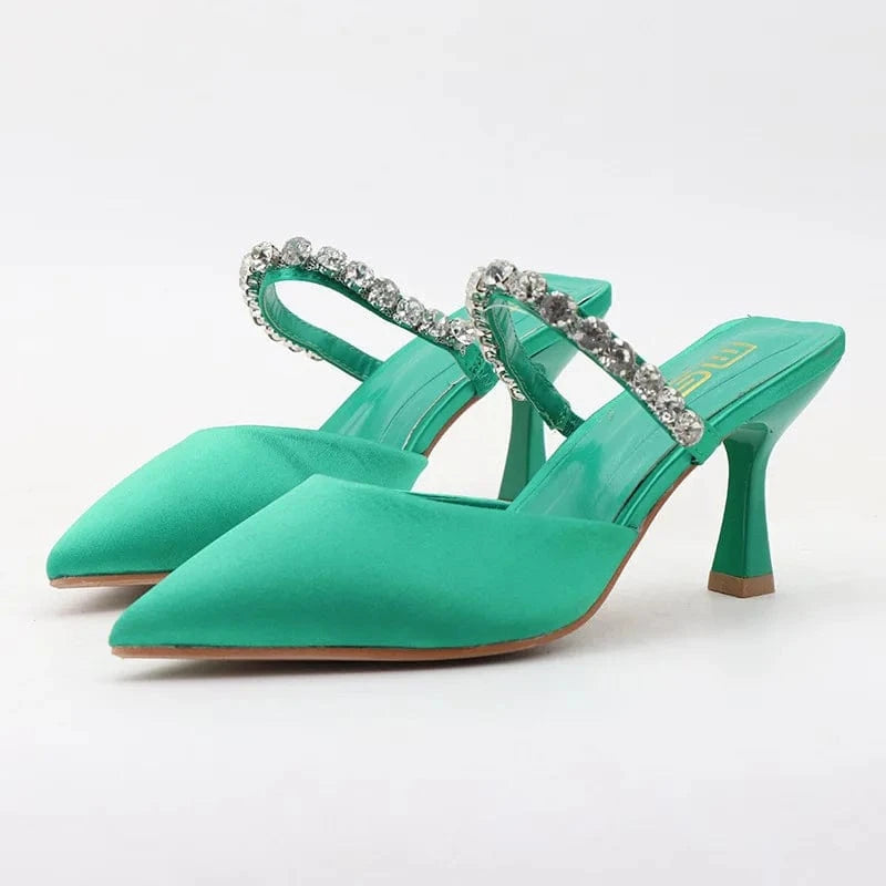 41 / Green Chaussures Femme Breathable Silk Satin Rhinestone Decor Shoes Pointed-toe Large Size High Heel Sandals For Ladies Outdoor Sandal