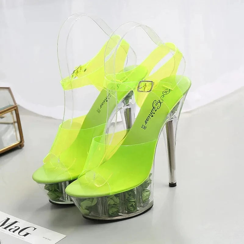 41 / Green sandals Stylish Women Heel Shoes 15 CM High Heels Flower Platform Slippers Thin Heel Sandals for Women and Ladies