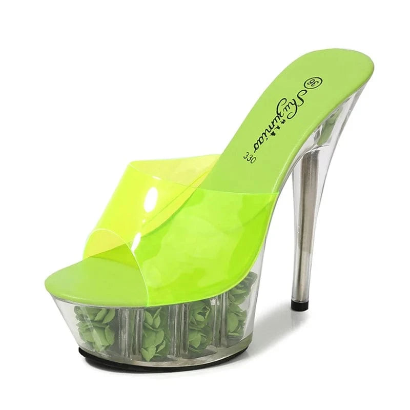 41 / Green slippers Stylish Women Heel Shoes 15 CM High Heels Flower Platform Slippers Thin Heel Sandals for Women and Ladies