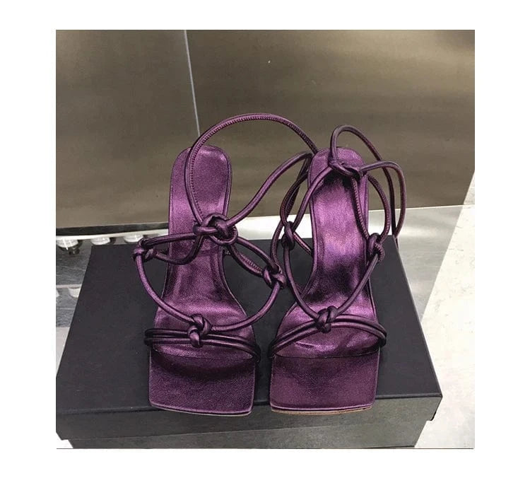 41 / Purple factory price custom made low price colors square toe stiletto knitted special design women heel sandals for ladies