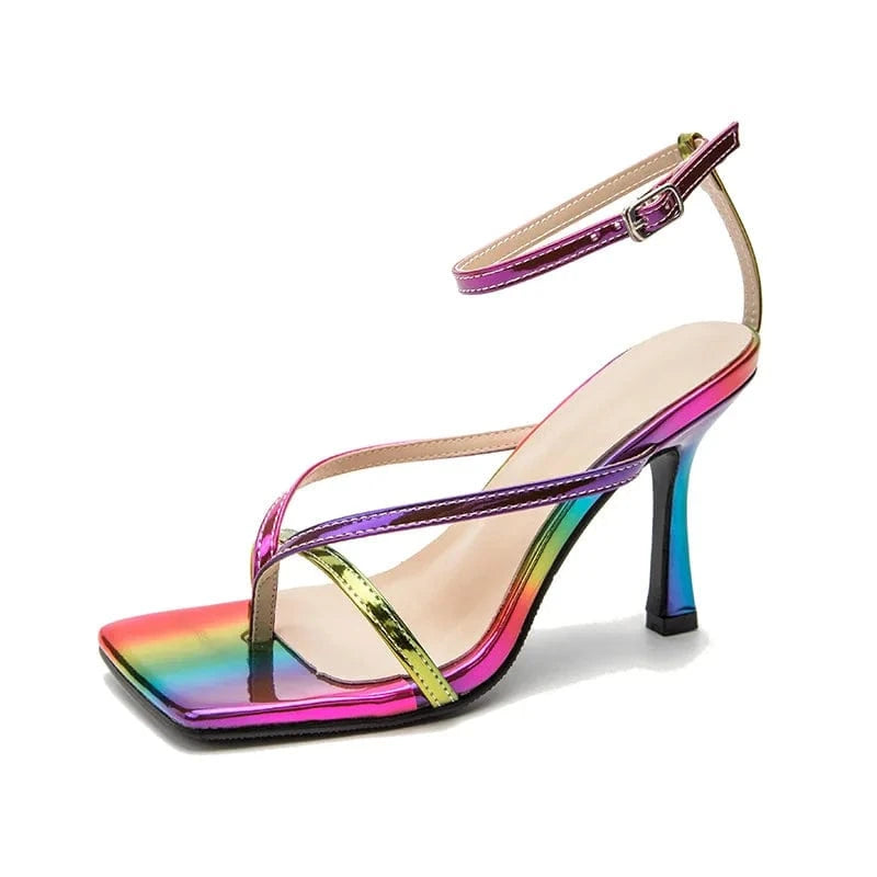 41 / rainbow Fashion custom logo heels rainbow color 10cm high heels sandals plus size ankle heeled sandals