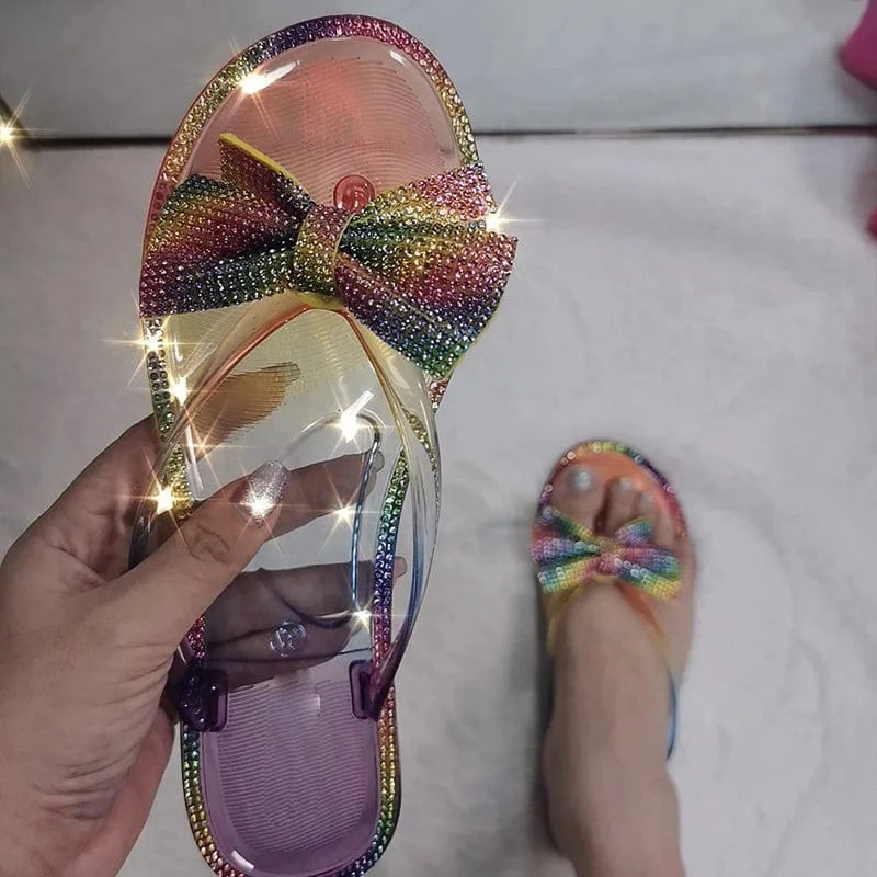 41 / rainbow Summer Ladies Slippers Women Shoes Crystal Cute Bow Flat Heel Female Flip Flops Beautiful Woman Beach Slippers Summer Sandals