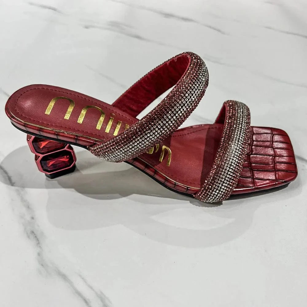 41 / Red Dropshipping Custom Logo Sexy Style Women's Rhinestone Heeled Sandals High Heels Anti-Slippery Height Increasing Summer Slides