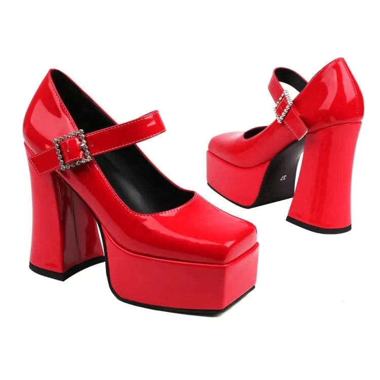 41 / Red Size 45 Wide Fit Ladies Pumps High Platform Chunky High Heels Shoe Square Toe Women Buckle Strap Mary Jane Shoes