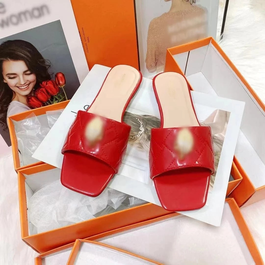41 / Red Wholesale designer brand sandal fashion ladies flat sandals summer black PU leather slippers for women 2024