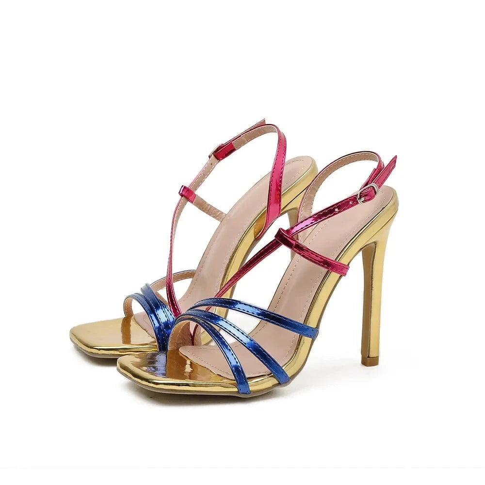 42 / 4 New arrival last design wholesale hot high quality mature women shoes square toe stiletto summer 2022 colorful heeled sandals