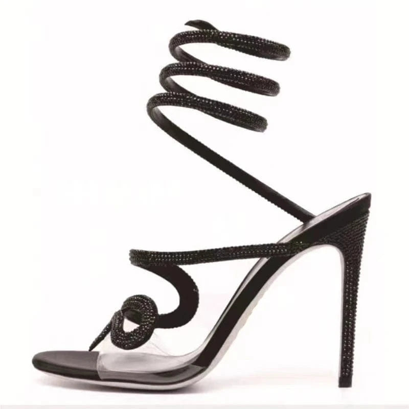 42 / Black Chaussures Femme Sexy Transparent Rhinestone Decor Mujer Shoes Cross Strap Lace Up High Heel Sandals Ladies Dating Party Sandals