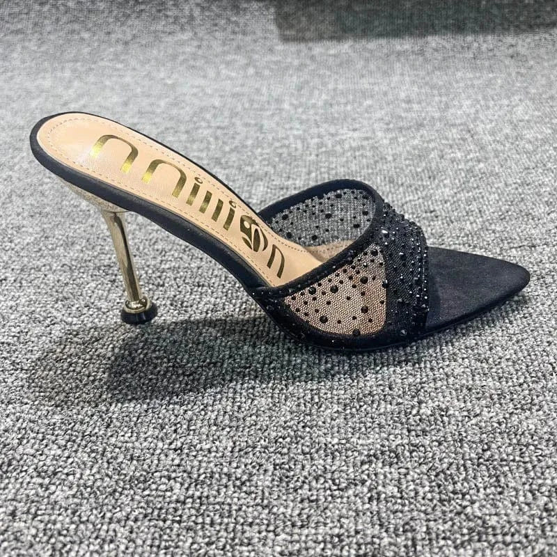 42 / Black Dropshipping Custom Logo Mesh Rhinestone Sexy Stiletto Heeled Sandals Pointed Toe High Heels Slippers for Women