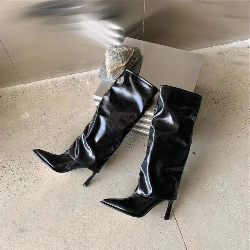 42 / Black Dropshipping Custom Logo New High Heel Stiletto Pointed Knee-Length Knight Boots Solid Color Mid-Calf Long Boots Women Shoes