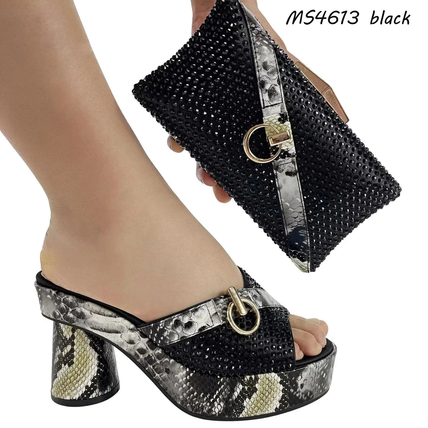 42 / Black Italian Shoe Bag Set Chunky Low Heels and Matching Clutch African women pump Nigerian Women Party Shoe Bag Set
