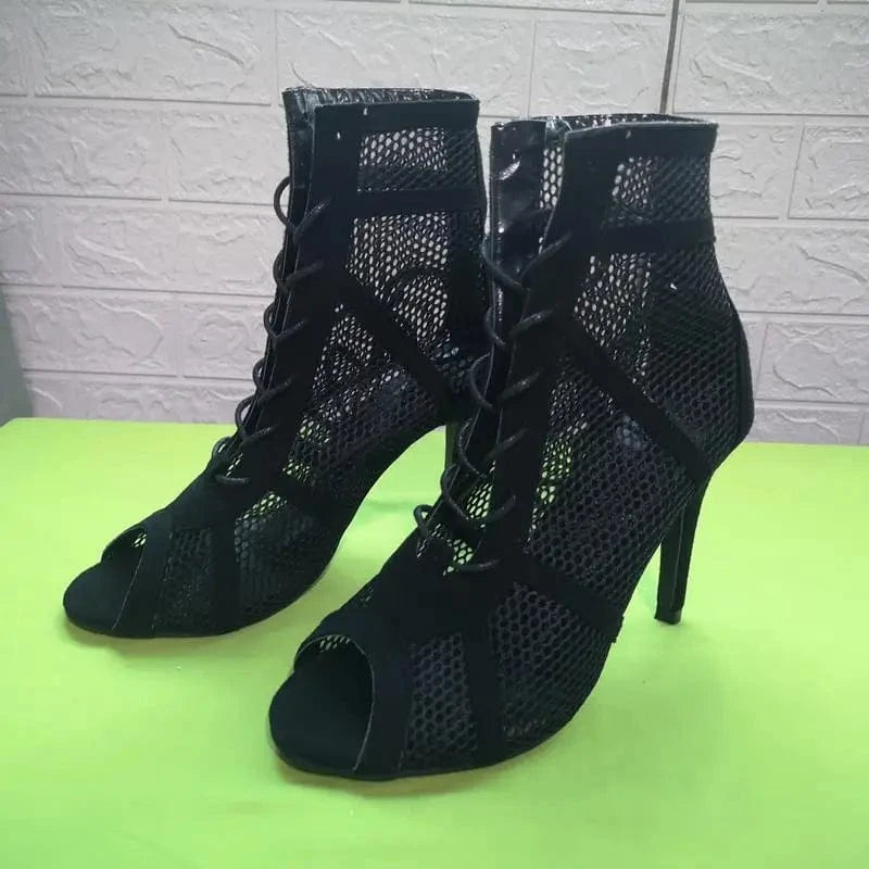 42 / Black New Fashion show Black Net Fabric Cross strap Sexy high heel Sandals Woman shoes Pumps Lace-up Peep Toe Sandals Casual Mesh