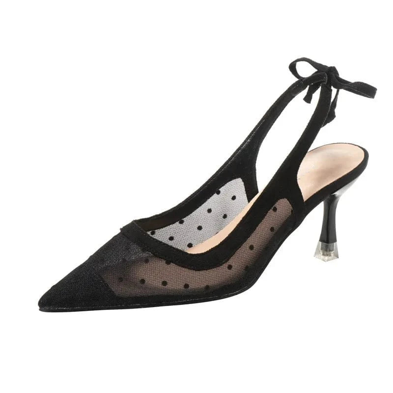 42 / Black Women Shoes 2023 Breathable Mesh Polka Dot Sandals Pointed-toe Wrap-toe Lace Up Thin Heels Sandals For Ladies Banquet Dress Shoe