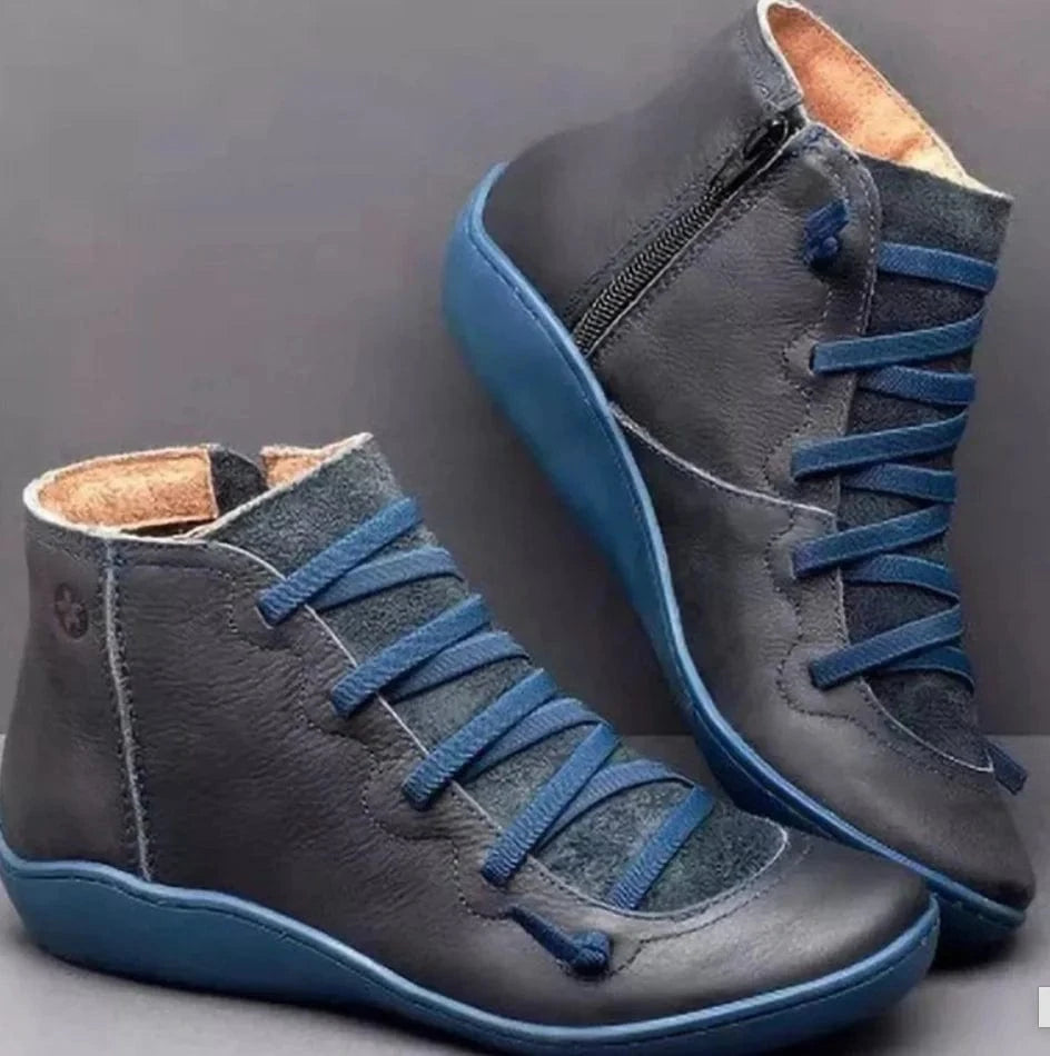 42 / Blue Liu Ming Dropshipping Wholesale 2024 Autumn Winter Women Retro Fashion Pu Leather Flat Ankle Shoes
