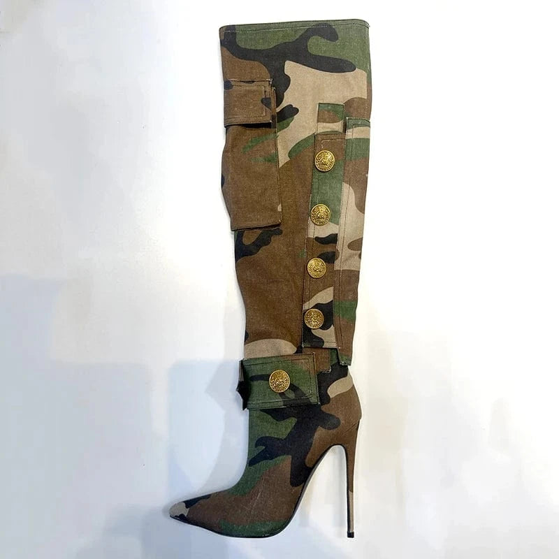 42 / camouflage Camouflage Women's Thin Heel Pockets Knee-high Boots Pointed Toe Wide Fit Long Booties Fashion Stiletto Shoes