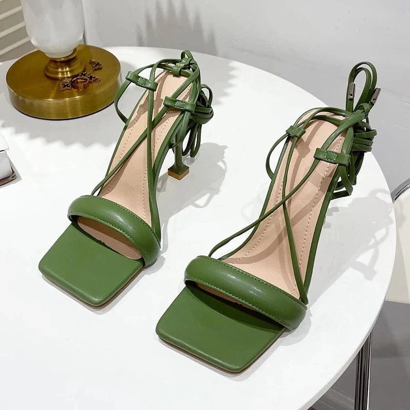 42 / Green Elegant Nightclub Lace-Up Shallow Outdoor Summer 2023 Fashion Cross-Tied Thin Heel Sandals High Sandalias Women's Heel Shoes
