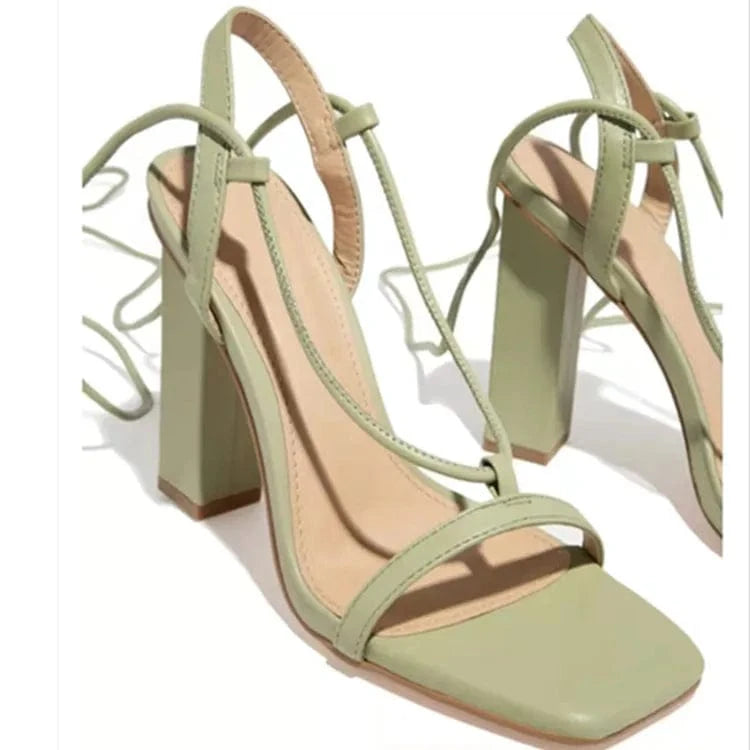 42 / Green New arrival square toe lace up sandal stiletto sexy women fashion heels wholesale heel mature women women shoes high heels