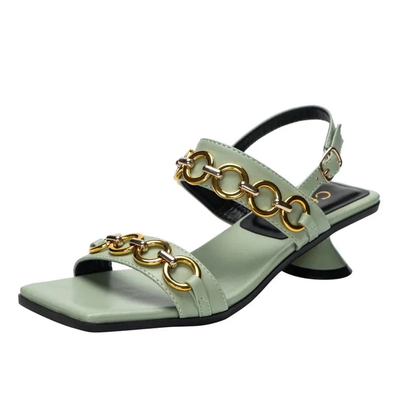 42 / Green YC 2023 New design square head chain high heel sandals women's fashion open toe buckle sandals